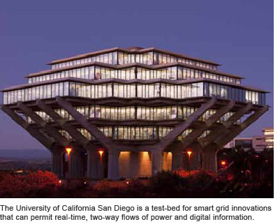 The University of California San Diego is a test-bed for smart grid innovations that can permit real-time, two-way flows of power and digital information.