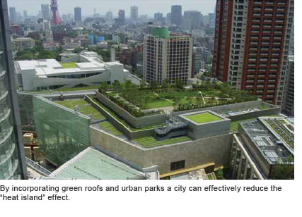 By incorporating green roofs and urban parks a city can effectively reduce the "heat island" effect.